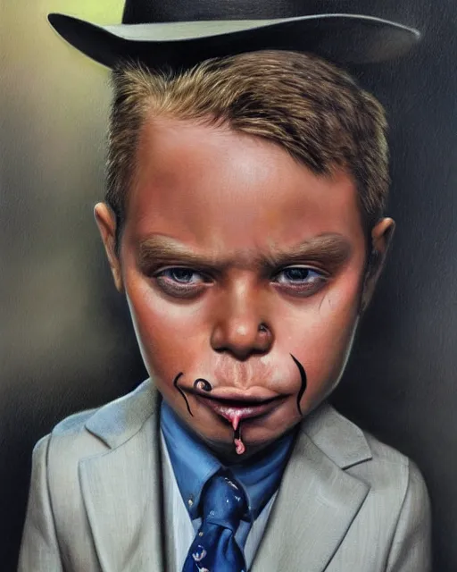 Image similar to portrait of a 7 year old child crime boss, gritty, wearing a suit, smoking, very detailed eyes, hyperrealistic, very detailed painting by Glenn Fabry, by Joao Ruas, by Artgerm