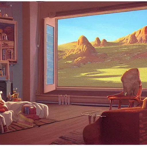 Prompt: panoramic widescreen view, a lo-fi livingroom full of things, strong light and shadows, sunshine, afternoon in summer, detailed digital painting, masterpiece, rendered in Octane, by Moebius, Jeof Darrow and Ralph McQuarrie.