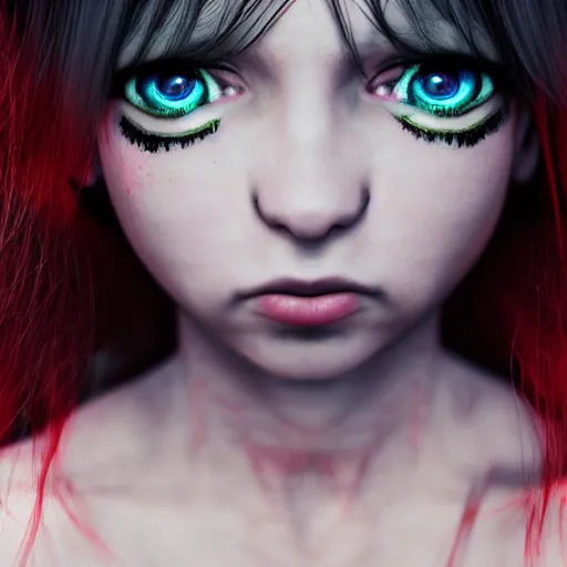 Prompt: photorealistic full shot portrait of angry darkness anime girl, electric aura, ( ( beautifull eyes ) ) inspired by tim burton, detailed, unreal engine 4 k, volumetric light, fog