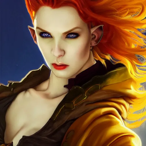 Image similar to dnd character portrait of a beautiful and androgynous half - elf with messy short red hair and catlike features and caramel skin tone and yellow eyes with slit pupils, glowing, golden hour, wearing a colorful men's suit, realistic painting by ross tran and gerald brom and alphonse mucha, trending on artstation