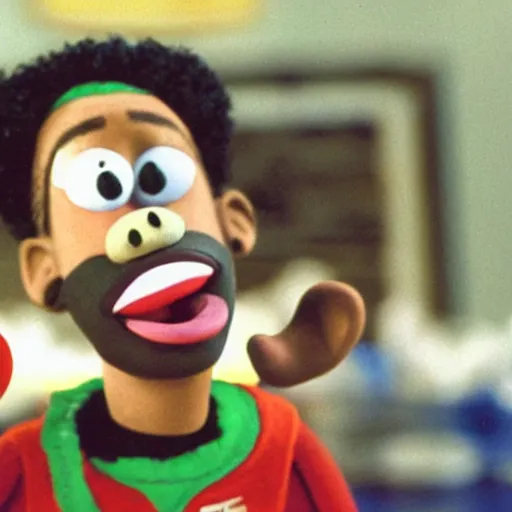 Image similar to a film still of lebron james as a claymation character in wallace and gromit