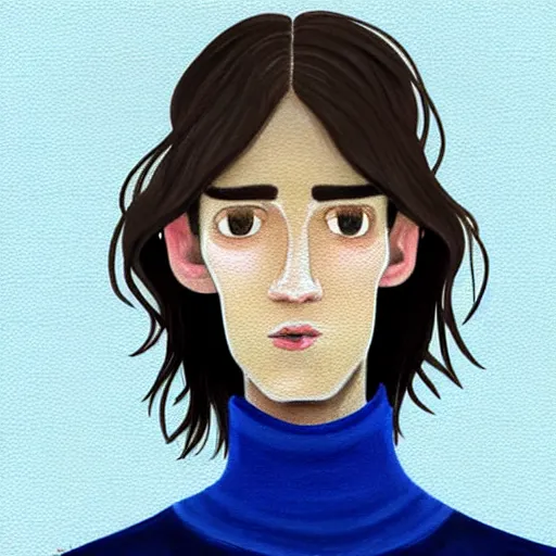 Prompt: gangly brunette man with hair long on top medium down the sides, blond beard, small chin, rectangular face, thin lips, English heritage, small blue eyes, middle aged, wearing a turtleneck and jacket, pale skin, narrow face, digital art, painterly, cartoon, cute, 8k, illustration, art by loish, painterly, trending on artstation, medium shot, uncropped