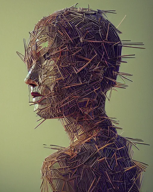 Prompt: portrait of a woman made of needles. intricate abstract. intricate artwork. by tooth wu wlop beeple dan mumford. trending on artstation