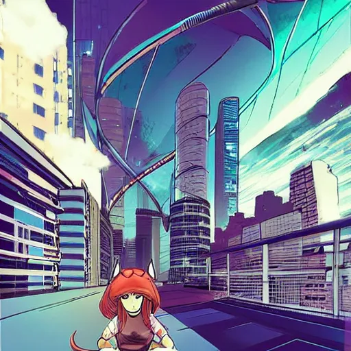 Image similar to determined 7 year - old girl with cat ears pouncing from the rooftop, futuristic skyline behind her, wide shot, highly coherent, saga comic, graphic novel, fiona staples