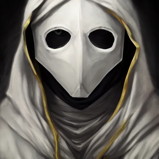 Image similar to a hyper realistic and detailed portrait of zum the planeswalker wearing a white marble mask, focus on face, mystic, mysterious, merchant collector, 8k, no skin, black eyes, trending on artstation, fog, masterpiece, in the style of Hou China