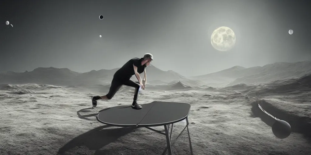 Image similar to ! dream ultra realistic illustration, physiotherapist playing ping - pong, an outdoor on the moon, lunar landscape, elegant, highly detailed, artstation, concept art, smooth, sharp focus, moody, dramatic lighting