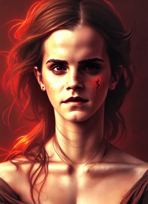 Prompt: portrait of emma watson as demon, red skin, batwings, hell, intricate, headshot, highly detailed, digital painting, artstation, concept art, sharp focus, cinematic lighting, illustration, art by artgerm and greg rutkowski, alphonse mucha, cgsociety