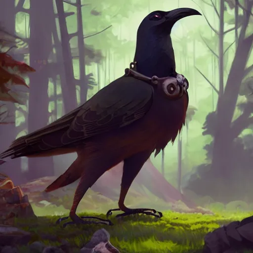 Image similar to concept art painting of an anthropomorphic steampunk crow, in the deep forest, realistic, detailed, cel shaded, in the style of makoto shinkai and greg rutkowski and james gurney