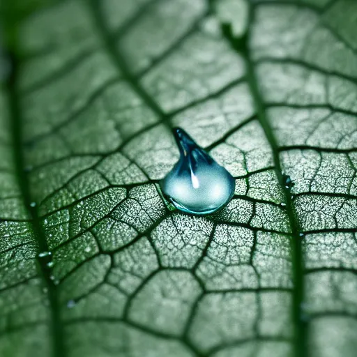 Image similar to still photo water droplet on a leaf, macro, highly detailed, photorealistic portrait, bright studio setting, studio lighting, crisp quality and light reflections, unreal engine 5 quality render