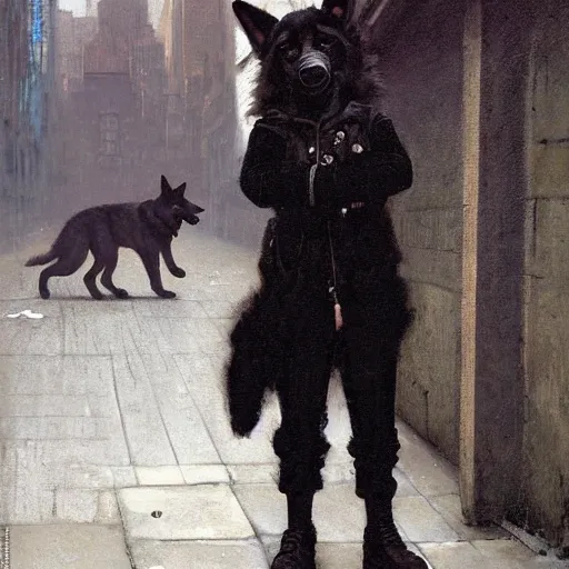 Image similar to new york city portrait of furry anthro anthropomorphic german shepard head animal person fursona wearing clothes cybernetic muzzle sad gloomy in the alley, sunny day, digital art by Nerdrum John, William Waterhouse, Winslow Homer, Alex Heywood, Jordan Grimmer, Darren Quach, Greg Rutkowski, Simon Stalenhag, trending on Artstation, CGSociety