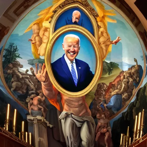 Image similar to a church mural depicting joe biden as a god, 4 k, highly detailed, painted by michelangelo