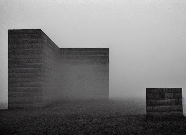 Image similar to high resolution black and white photography with a 3 5 mm f / 2 2 lens of brutalist architectural buildings in romania in the middle of nowhere in the 8 0's, there is fog and snow. fine art photography and very detailed and sad.