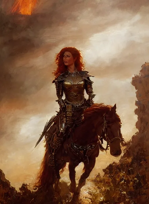 Image similar to staring seductively short muscular redheaded woman wearing realistic medieval armour, detailed by gaston bussiere, bayard wu, greg rutkowski, giger, maxim verehin, greg rutkowski, masterpiece, sharp focus, cinematic lightning