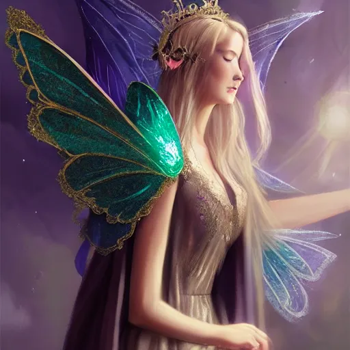 Image similar to a fairy queen with wings wearing a magic silk and lace robe with a hood, crown, pixie, realism, emerald, galaxy, sapphire,blonde hair going down to the floor, moonlit, dark fantasy, dramatic lighting, cgsociety, artstation