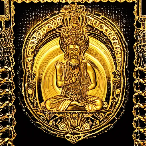 Image similar to epic deatailed golden statue of the King, surrounded by intricate gold lace metalwork on a black smokey background. metallic, accent lighting, glowing, gold