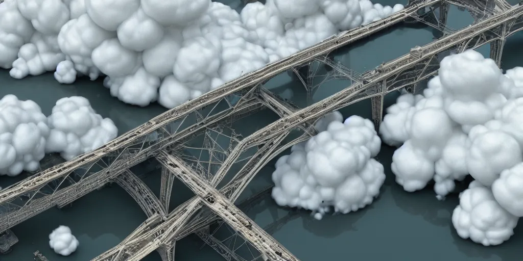 Prompt: explosions in the form of realistic white cotton plants on harbour bridge, huge white cotton everywhere on the destroyed harbour bridge, smooth, sharp focus, highly detailed, 3 d octane render, epic lighting, lots of white cotton, 8 k, by goro fujita