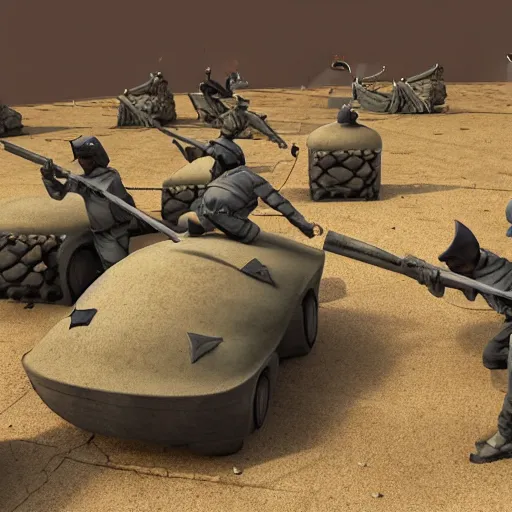 Image similar to greek soldiers storming a bunker defended by cats, Dreamworks 3d render