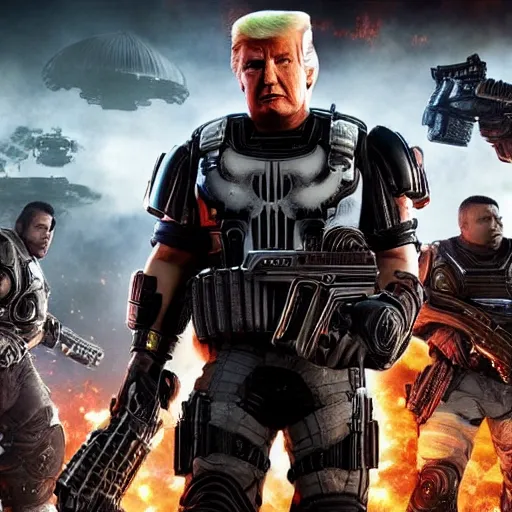 Image similar to Movie still of Donald Trump as ((the punisher)) in Gears of War, splash art, movie still, detailed face, photorealistic facial features, cinematic lighting, dramatic, octane render, long lens, shallow depth of field, bokeh, anamorphic lens flare, 8k, hyper detailed, 35mm film grain