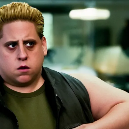 Image similar to movie still of Jonah Hill starring as Guile in the 2026 live action street fighter movie