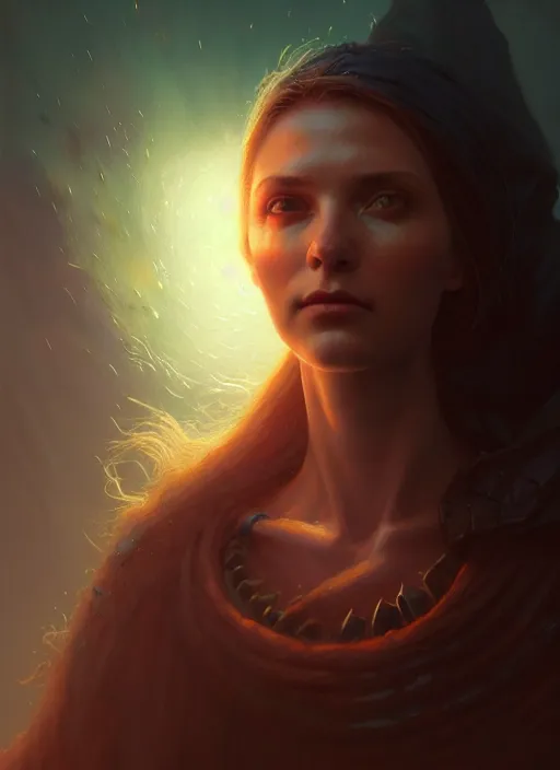 Image similar to closeup realistic portrait of a female necromancer, backlit, oil painting, concept art, filip hodas, john howe, mike winkelmann, jessica rossier, andreas rocha, bruce pennington, albert bierstadt, peter mohrbacher, donato giancola, joseph christian leyendecker, wlop, boris vallejo