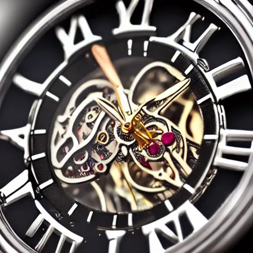 Prompt: skeletonized watch with rubies macro rendered intricate detail