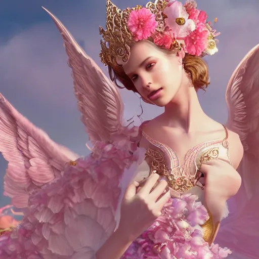 Image similar to expressive full body photo of sophia lauren as beautiful angel, smooth glowing skin, ornate headpiece made from pink flowers, glamour shot, by yoshitaka amano, by greg rutkowski, by jeremyg lipkinng, by artgerm, octane render, unreal engine, photorealistic, canon r 3, fashion photography