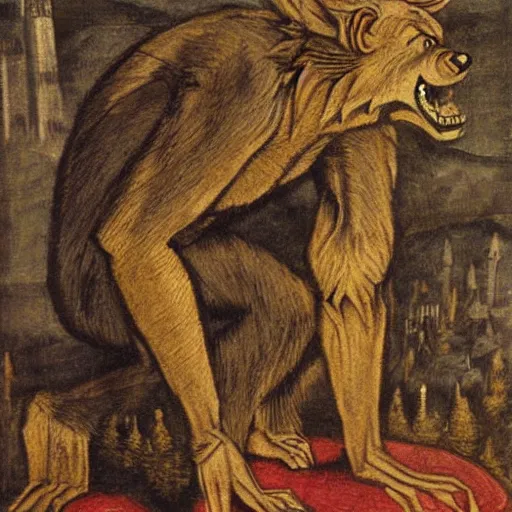 Prompt: werewolf, medieval painting