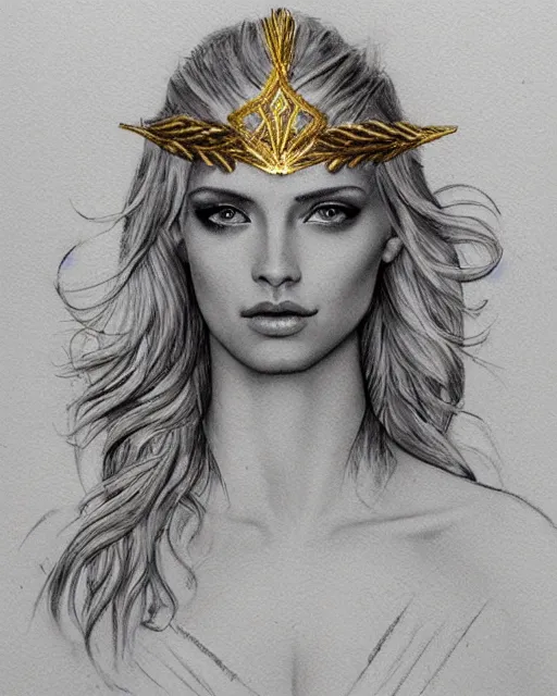 Image similar to tattoo sketch of hot blonde super model as aphrodite greek goddess wearing a gold laurel wreath and triangle earrings, beautiful piercing gaze with sharp pupils, in the style of greg rutkowski, fantasy, amazing detail, epic, elegant, smooth, sharp focus, front view