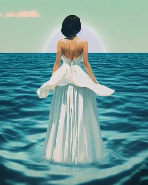 Image similar to a woman in a white dress standing in the water, an album cover by stanley twardowicz, trending on cg society, retrofuturism, retrowave, chillwave, synthwave