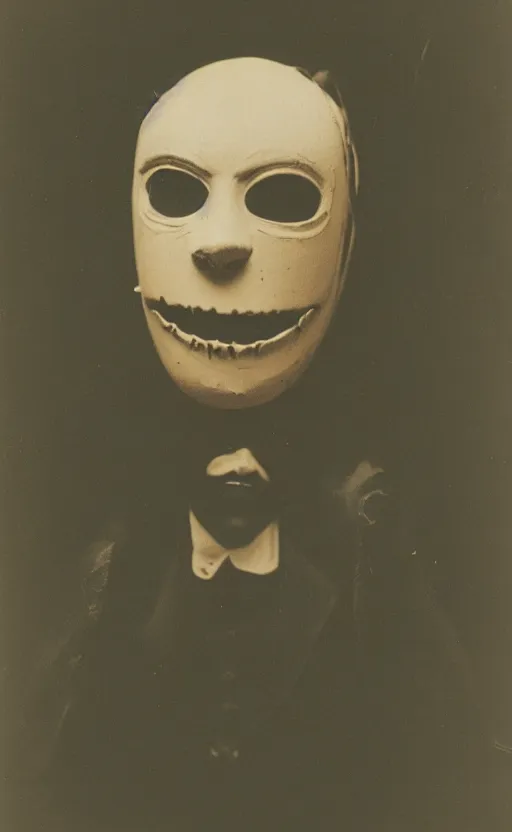 Image similar to a portrait photograph of a victorian wearing a scary vintage halloween mask, creepy, atmospheric, cinematic lighting, epic scene, 1 9 2 0 color photograph