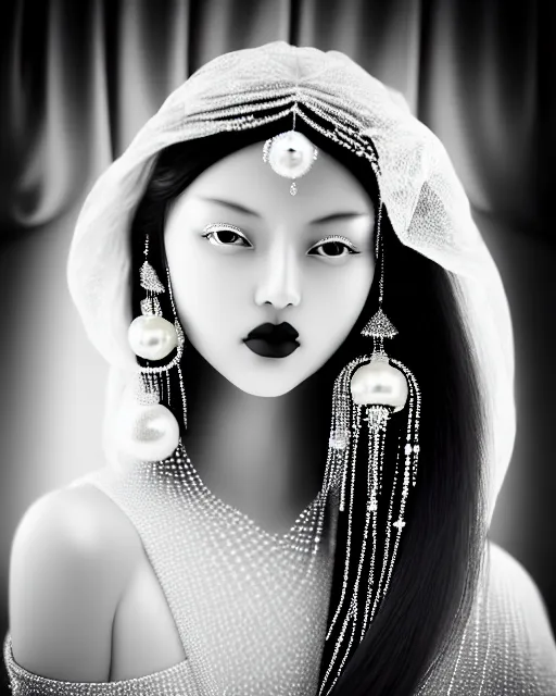 Image similar to black and white dreamy young beautiful veiled female artificial intelligence, realistic pearl ornament in the face, long hair are intricate with highly detailed realistic pearls, cinematic, rim light, bokeh, photo - realistic, elegant, high detail, 8 k, masterpiece, photo taken in 1 9 3 0