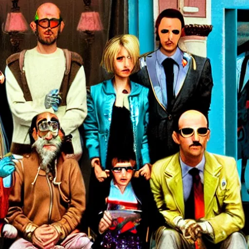 Image similar to the royal tenenbaums in a cyberpunk future, photorealistic, detailed, family portrait