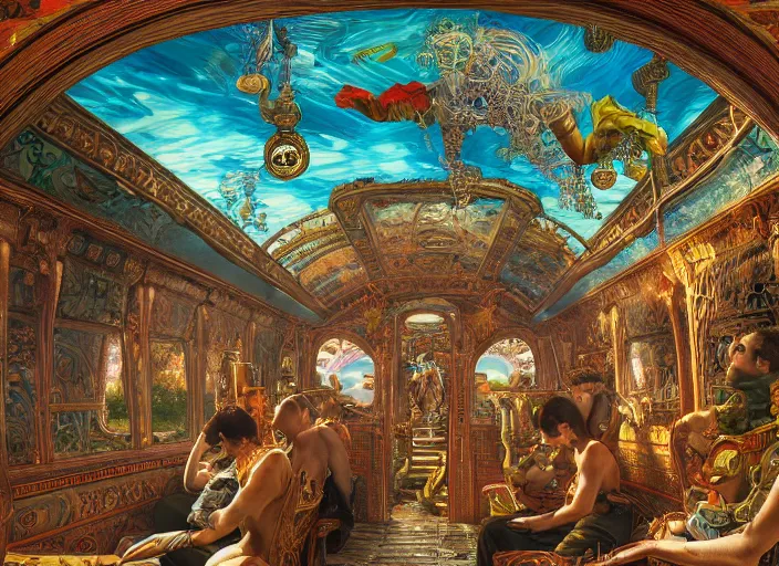 Image similar to incredibly beautiful breaktakingly detailed painting of the inside of the ornate underwater train to atlantis, various amazingly wonderful bizarre cool weird characters sat down, extreme closeup, by ford maddox brown and kilian eng and william powell frith and frederic leighton, ultra wide angle, 4 k