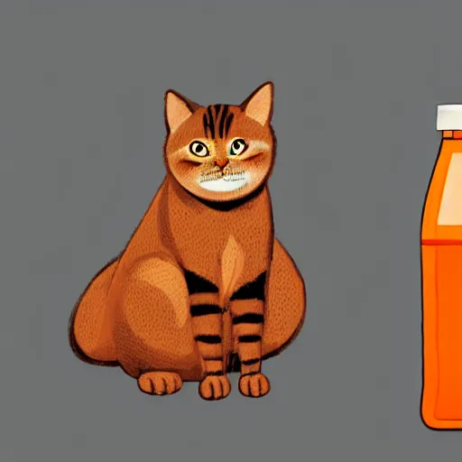 Image similar to a cat standing next to a bottle of medicine. orange cat. animal. digital art. artstation. illustration. separate.