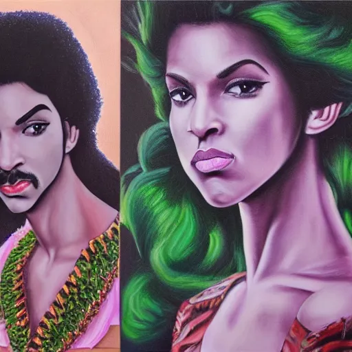 Prompt: a highly detailed painting. 1987-era Prince jealous of two beautiful twin sisters. Prince is green with jealousy. Photorealistic. Trending on Artstation.