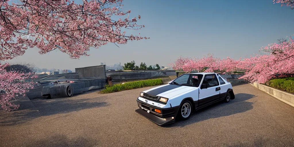 Image similar to toyota ae 8 6 sprinter in china, sakuras blooming, sunset, 8 k, realistic,