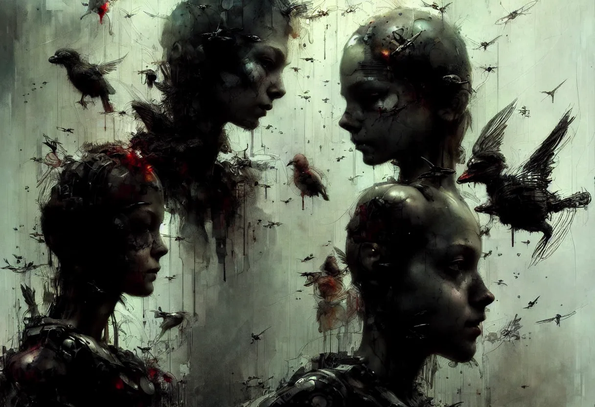 Image similar to beautiful young girl pensive cyborg face, surrounded by small robot birds, matte painting, by emil melmoth zdzislaw beksinki craig mullins yoji shinkawa realistic render ominous detailed photo atmospheric by jeremy mann francis bacon and agnes cecile