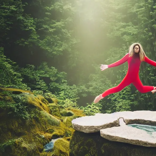 Image similar to woman stepping off a cliff onto a stepping stone in mid-air, photorealistic, 4k by Elsa Bleda