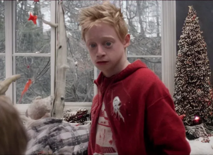 Prompt: the movie the predator starring macaulay culkin kevin mcallister home alone living room christmas vfx film