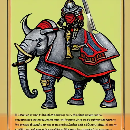 Prompt: armored knight wearing an elephant shaped helmet, dungeons and dragons manual illustration