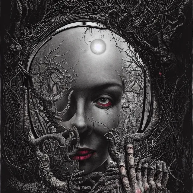 Prompt: Through the looking glass painting by Dan Hillier and H. R. Giger and Greg Rutkowski, intricate, highly detailed, trending on artstation, artstationHD, artstationHQ, 4k, 8k, sharp, rich vivid colors