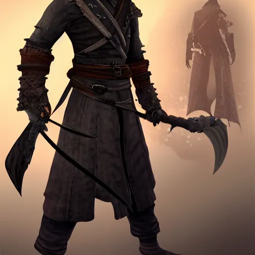 Image similar to Full body profile of Male Ninja Pirate, hd, intricate, bloodborne, 8k, digital art