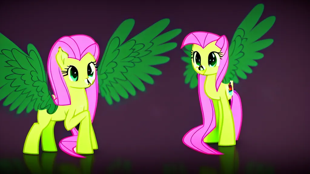 Image similar to 3D Fluttershy from My Little Pony as a necromancer, bright green swirls coming up around her, glowing aura, pitch black background, dramatic and colorful lighting, she is surrounded by green chibi glowing skulls, smoke all around, unrealengine, 4k, HDR