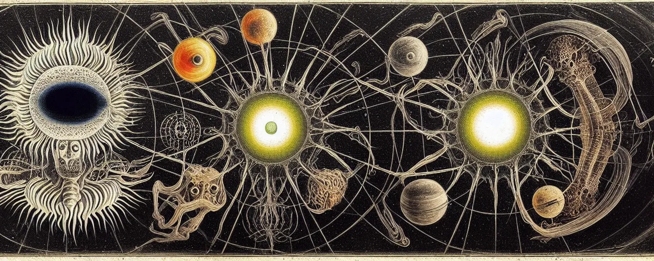 Image similar to a strange earth creature with endearing eyes radiates a unique canto'as above so below'while being ignited by the spirit of haeckel and robert fludd, breakthrough is iminent, glory be to the magic within, in honor of saturn, painted by ronny khalil