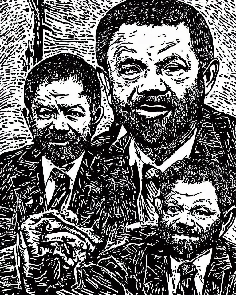 Prompt: a detailed lifelike linocut engraving of president lula