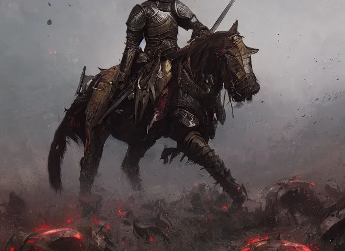 a beautiful wide angle view of an exhausted knight in Stable