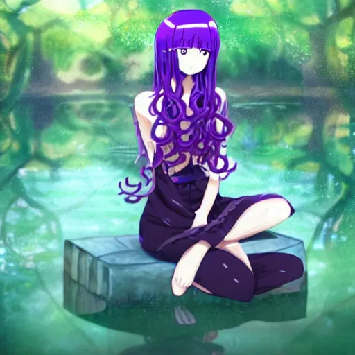 Image similar to an anime girl with purple tentacle hairs, sitting near a swamp