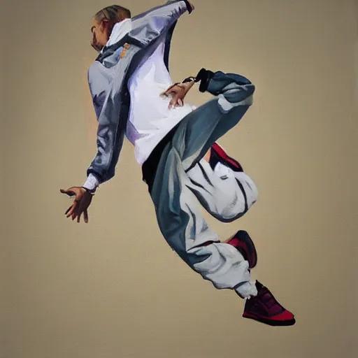 Prompt: painting of breakdancers in baggy 90s clothing in the style of michael carson