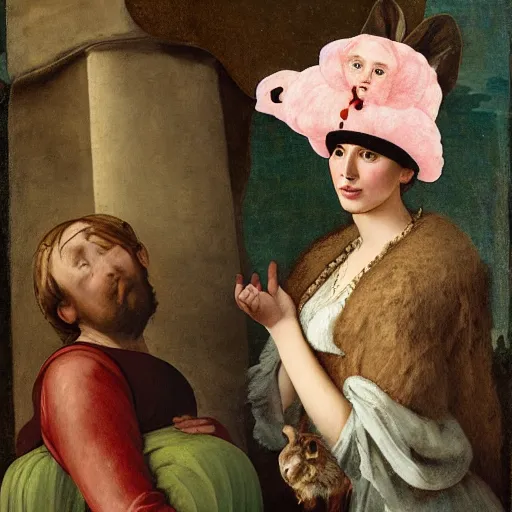 Prompt: the lady with the rabbit hat. renaissance painting, oil on canvas, 1 8 7 0.