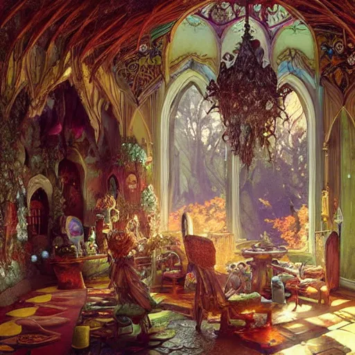 Image similar to a beautiful interior of a fairy castle, fully decorated, furnished with fairy furniture, fairy aesthetics, concept art, by greg rutkowski, alphonso mucha and elena dudina. high details, illustration, beautiful illumination